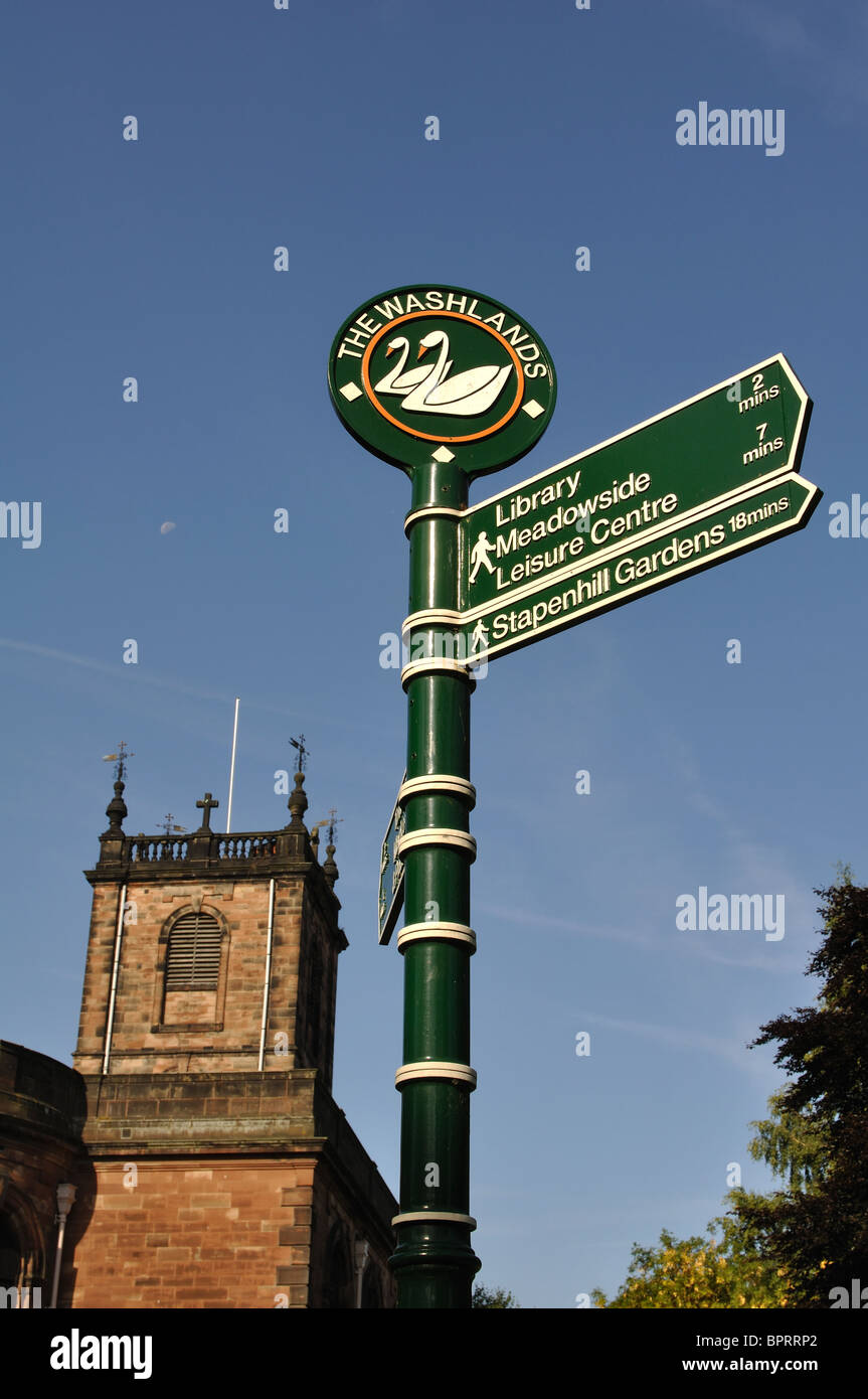 Signpost at the Washlands with St. Modwen`s Church behind, Burton on Trent, Staffordshire, England, UK Stock Photo